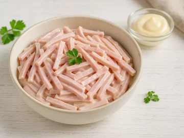 Cremiger Fleischsalat aus Jagdwurst und Kochschinken in heller Schale auf weißem Holzhintergrund