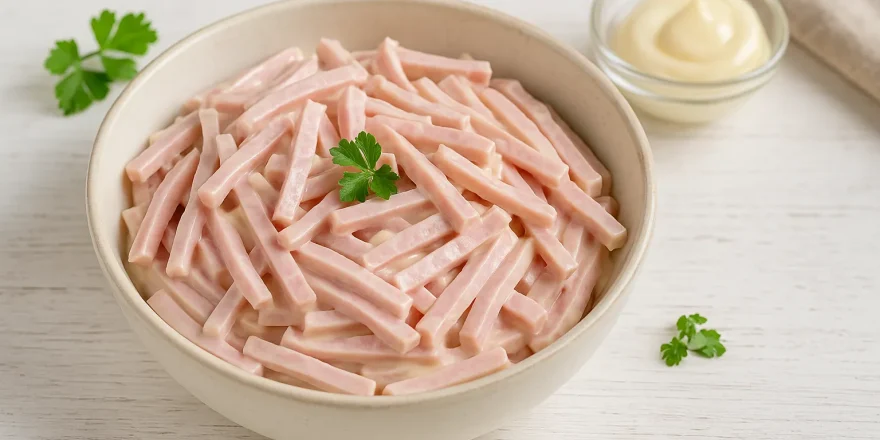 Cremiger Fleischsalat aus Jagdwurst und Kochschinken in heller Schale auf weißem Holzhintergrund