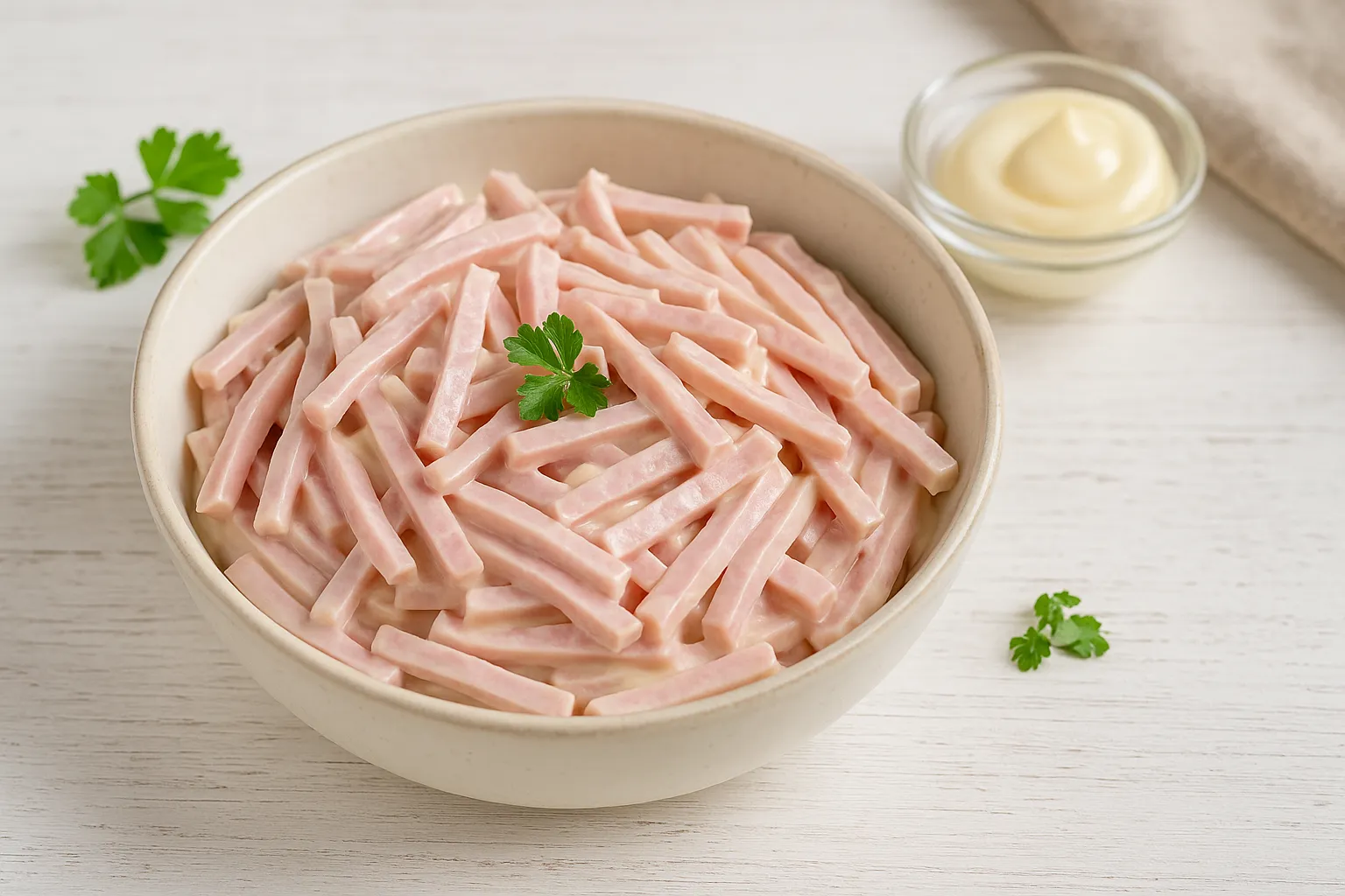 Cremiger Fleischsalat aus Jagdwurst und Kochschinken in heller Schale auf weißem Holzhintergrund