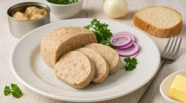 Hausgemachte Fischleberwurst mit Dorschleber und Speck, serviert auf weißem Teller mit Brot, Butter, Zwiebelringen und Kräutern auf weißem Holztisch