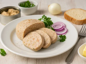 Hausgemachte Fischleberwurst mit Dorschleber und Speck, serviert auf weißem Teller mit Brot, Butter, Zwiebelringen und Kräutern auf weißem Holztisch