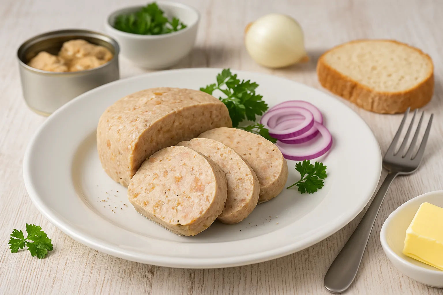 Hausgemachte Fischleberwurst mit Dorschleber und Speck, serviert auf weißem Teller mit Brot, Butter, Zwiebelringen und Kräutern auf weißem Holztisch