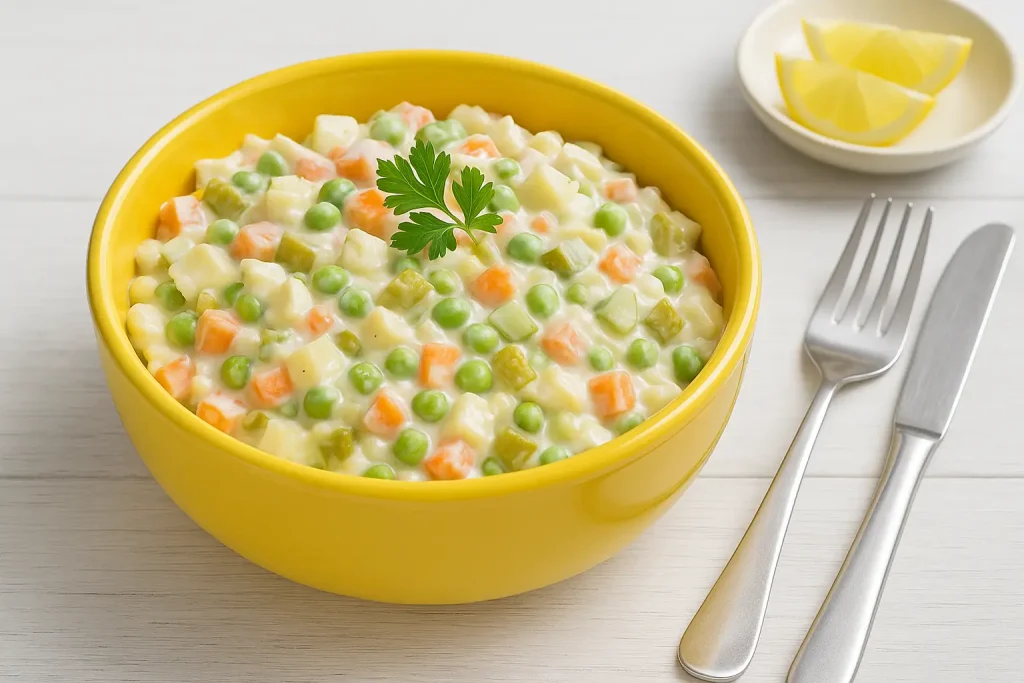  Französischer Gemüsesalat mit Karotten, Sellerie, Erbsen, Gurken, Zwiebeln, Äpfeln und Mayonnaise in gelber Schüssel auf weißem Holztisch, dekoriert mit Petersilie.