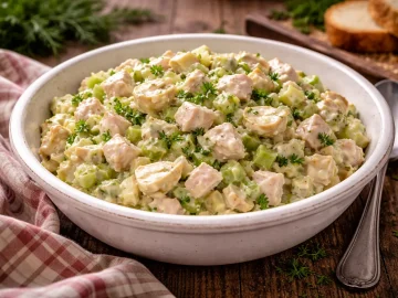 Geflügelsalat mit Sellerie und Artischocken in heller Schüssel auf Holztisch