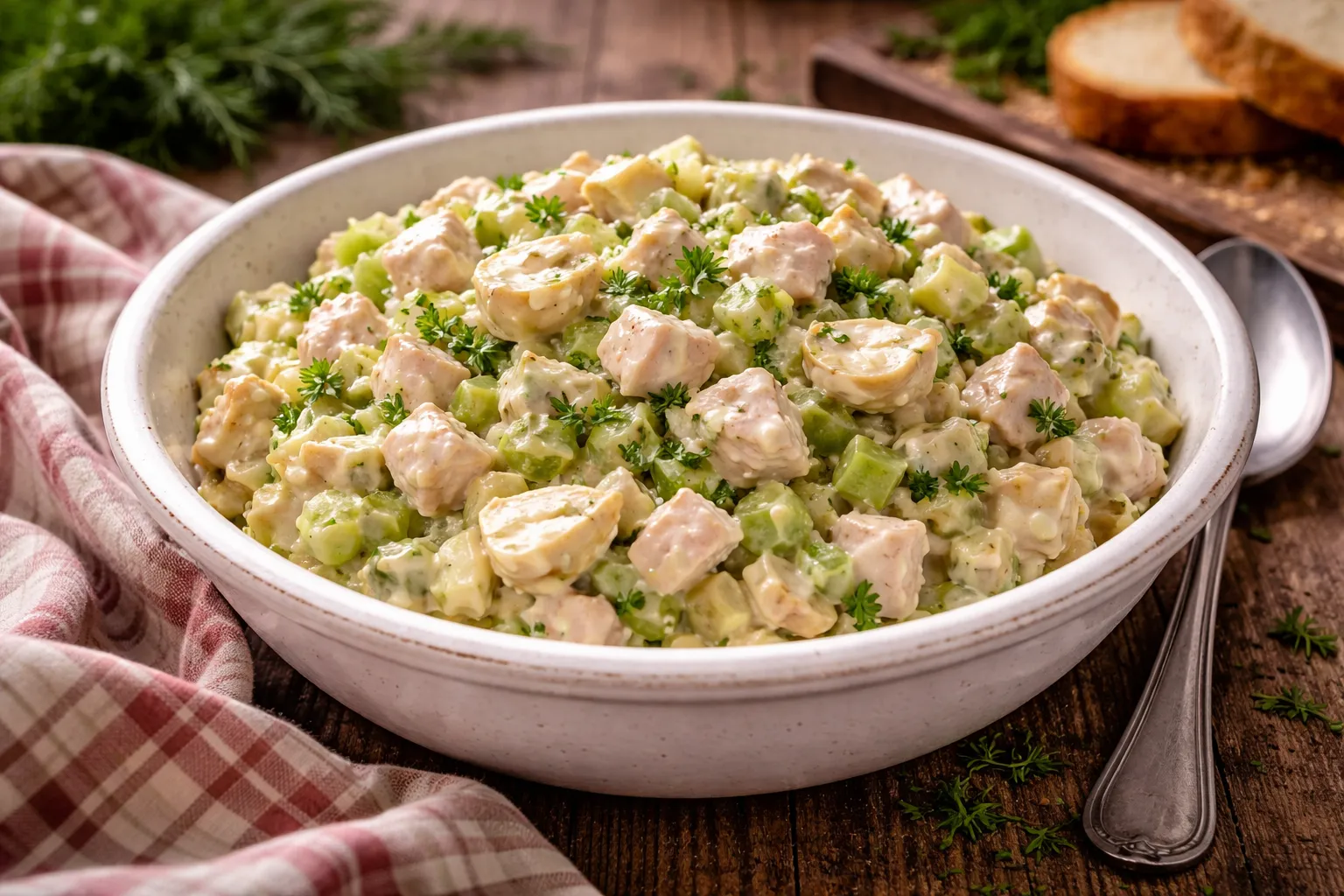 Geflügelsalat mit Sellerie und Artischocken in heller Schüssel auf Holztisch