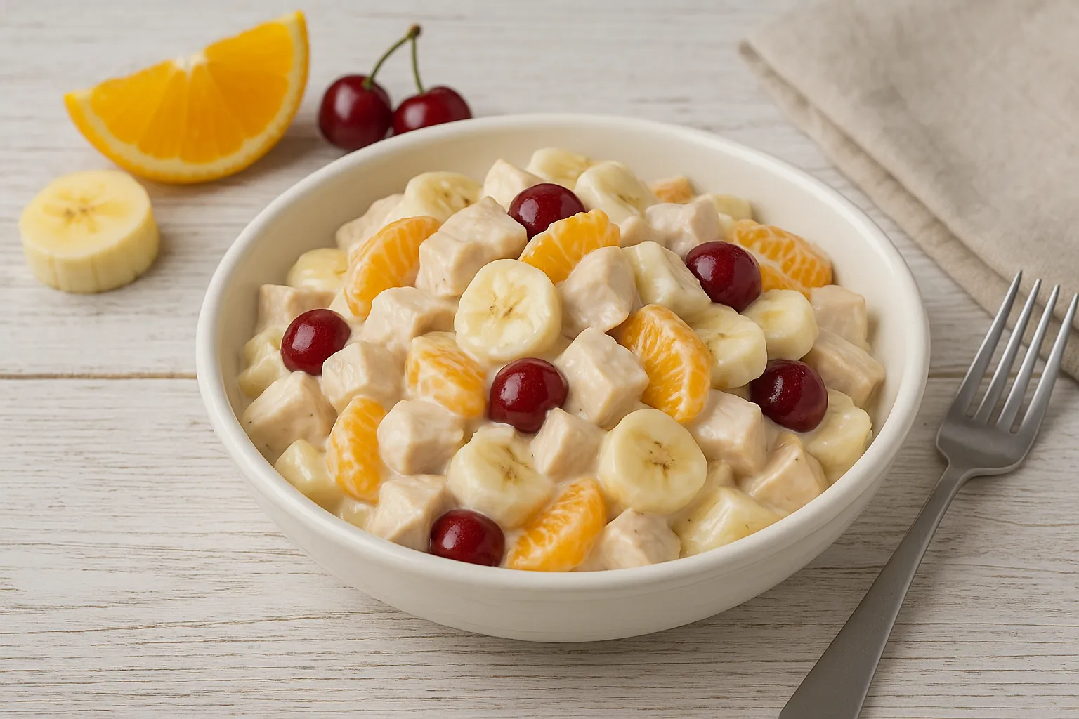 Geflügelsalat mit Früchten in einer weißen Schüssel mit cremiger Mayonnaise, Bananen, Orangen und Kirschen