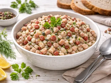 Weiße Schüssel mit Häckerle aus Salzhering, Speck und Zwiebeln auf weißem Holzhintergrund mit sichtbarer Maserung, moderne Tischdekoration, ohne Zwiebelmuster