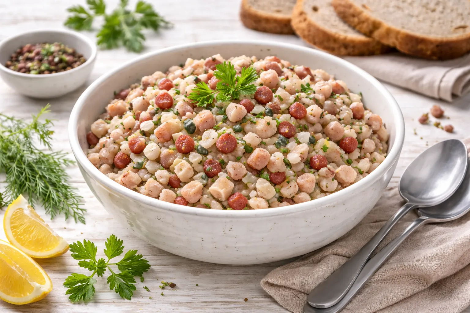 Weiße Schüssel mit Häckerle aus Salzhering, Speck und Zwiebeln auf weißem Holzhintergrund mit sichtbarer Maserung, moderne Tischdekoration, ohne Zwiebelmuster