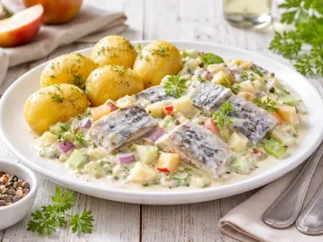 Weißer Teller mit Heringsfilets in Sahnesauce, Apfel- und Gurkenstücken auf weißem Holzhintergrund mit sichtbarer Maserung und moderner Tischdeko