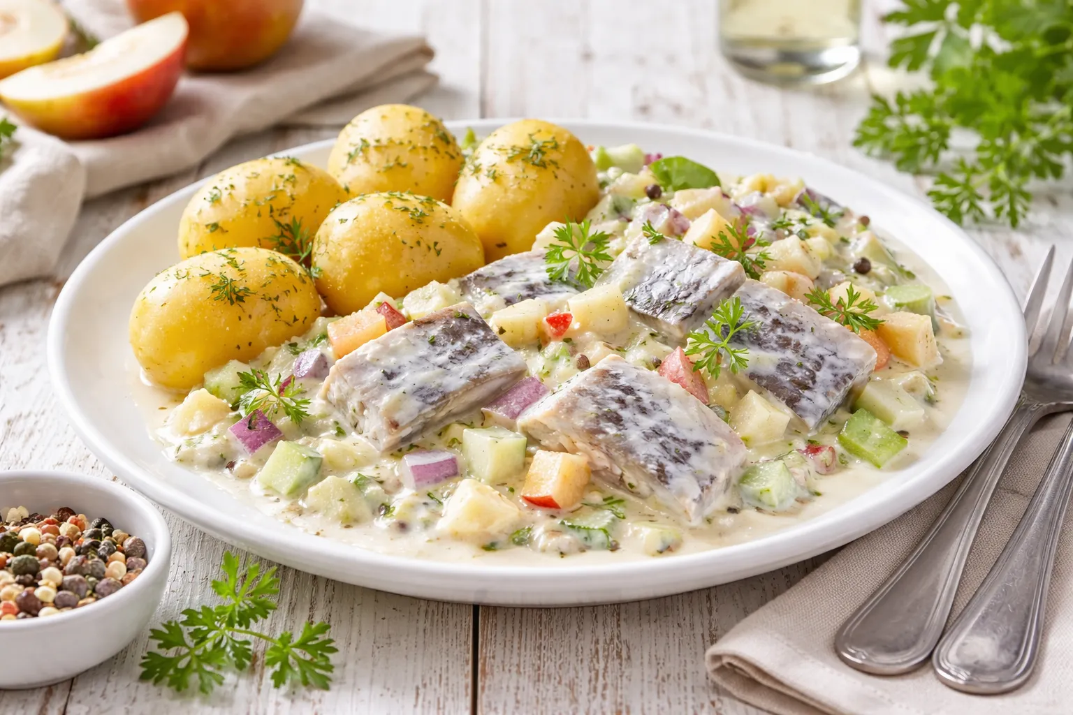 Weißer Teller mit Heringsfilets in Sahnesauce, Apfel- und Gurkenstücken auf weißem Holzhintergrund mit sichtbarer Maserung und moderner Tischdeko