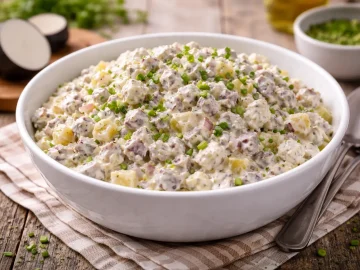 Cremiger Heringssalat mit Gurken und Zwiebeln in weißer Schüssel auf hellem Holztisch