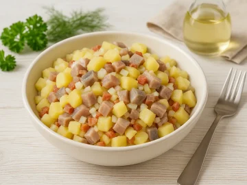 Holländischer Kartoffel-Herings-Salat mit Kartoffeln, Lachshering, Zwiebeln und Speck in weißer Schüssel