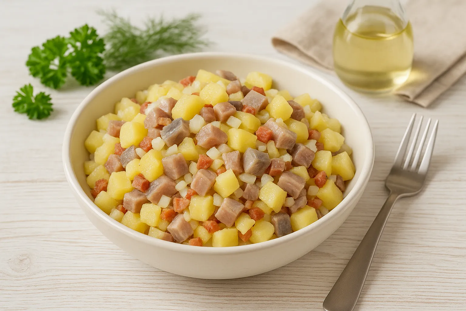 Holländischer Kartoffel-Herings-Salat mit Kartoffeln, Lachshering, Zwiebeln und Speck in weißer Schüssel