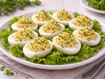 Kalte gefüllte Eier mit cremiger Senf-Petersilie-Füllung auf Salatblättern auf weißem Teller