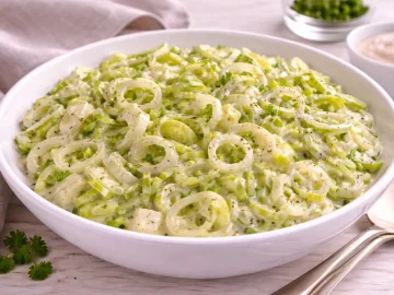 Lauchsalat aus fein geschnittenem Lauch in cremiger saurer Sahne in weißer Schüssel auf hellem Holztisch.