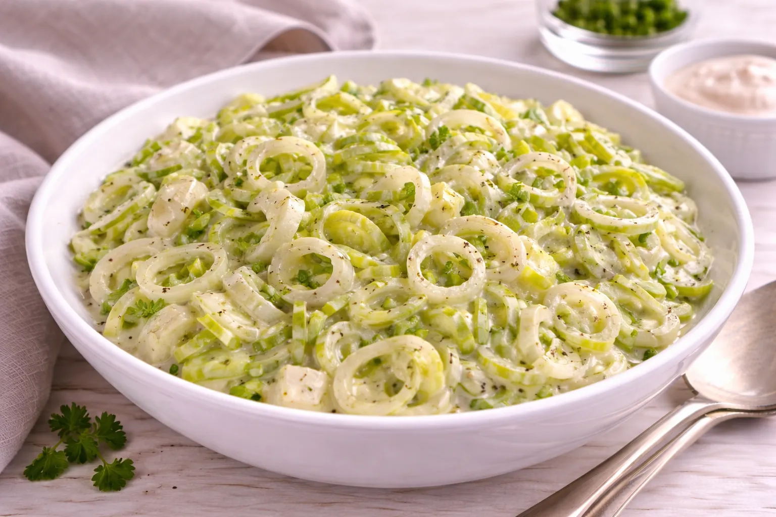 Lauchsalat aus fein geschnittenem Lauch in cremiger saurer Sahne in weißer Schüssel auf hellem Holztisch.