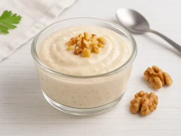 Glasschale mit cremiger Nußmayonnaise, garniert mit gehackten Walnüssen auf Holztisch