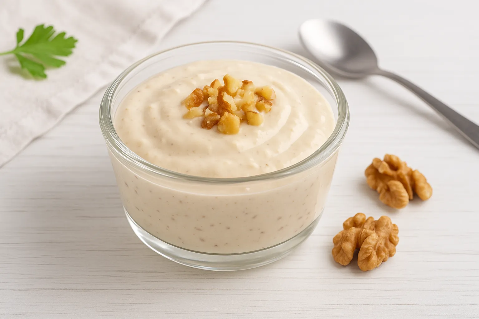 Glasschale mit cremiger Nußmayonnaise, garniert mit gehackten Walnüssen auf Holztisch