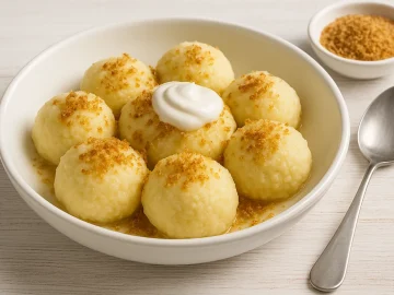 Weiße Schüssel mit Quarkklößen, bestreut mit goldbraunen Semmelbröseln und saurer Sahne