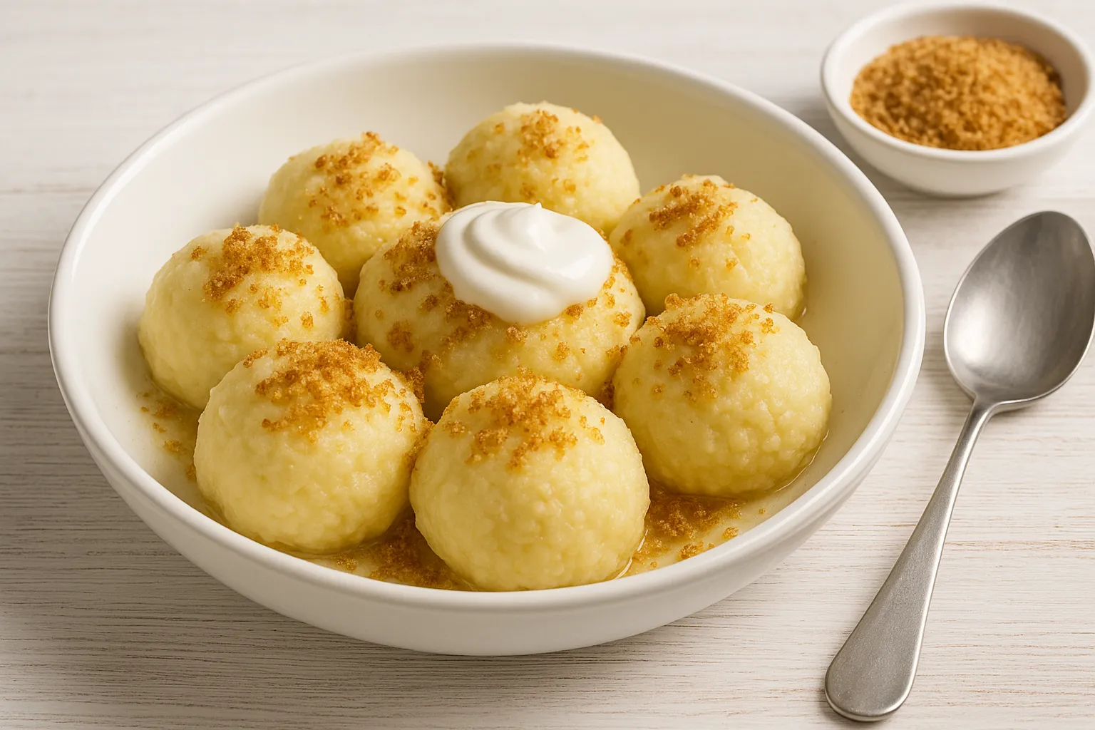 Weiße Schüssel mit Quarkklößen, bestreut mit goldbraunen Semmelbröseln und saurer Sahne