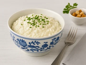 DDR-Zwiebelmuster-Schüssel gefüllt mit Reissalat mit Mayonnaise und Schnittlauch