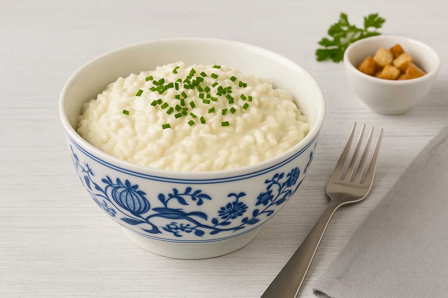 DDR-Zwiebelmuster-Schüssel gefüllt mit Reissalat mit Mayonnaise und Schnittlauch