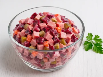 Russischer Fleischsalat mit Roter Bete, Gurken und Mayonnaise in moderner Glasschüssel auf weißem Holzhintergrund