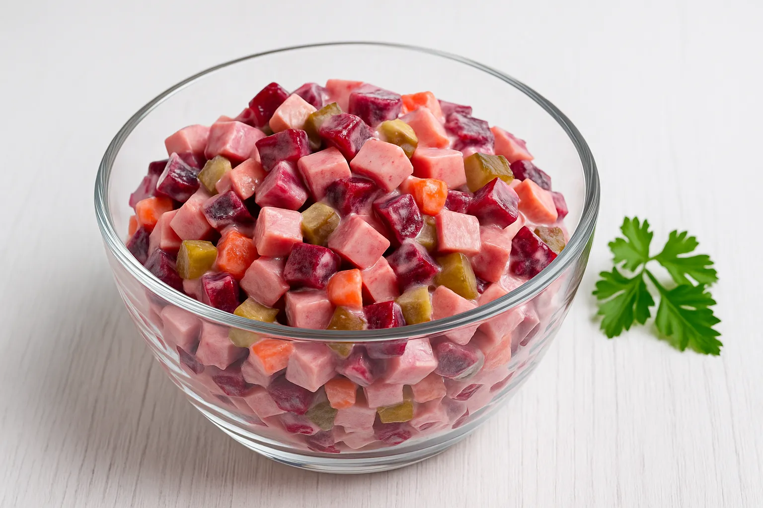 Russischer Fleischsalat mit Roter Bete, Gurken und Mayonnaise in moderner Glasschüssel auf weißem Holzhintergrund