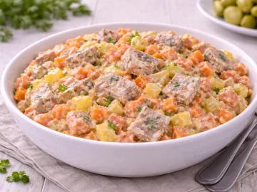 Tiroler Heringssalat mit Heringsstücken, Gemüsewürfeln und Tomaten-Mayonnaise in weißer Schüssel