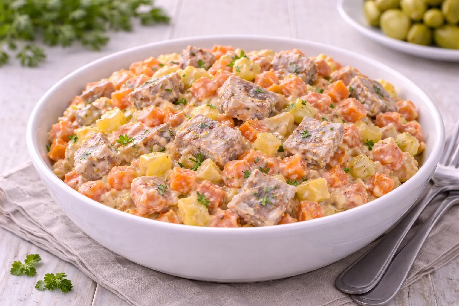 Tiroler Heringssalat mit Heringsstücken, Gemüsewürfeln und Tomaten-Mayonnaise in weißer Schüssel