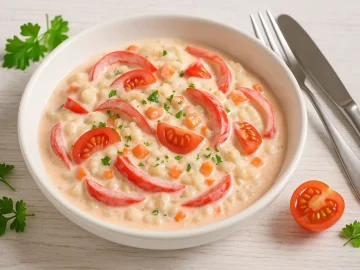 Ungarischer Paprikasalat mit bunten Paprikastreifen, Tomatenvierteln, Karotten und Zwiebeln in cremiger Mayonnaisesoße, auf weißem rustikalen Teller.