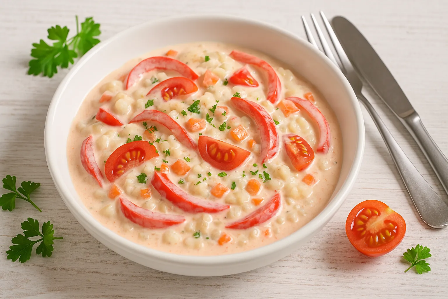 Ungarischer Paprikasalat mit bunten Paprikastreifen, Tomatenvierteln, Karotten und Zwiebeln in cremiger Mayonnaisesoße, auf weißem rustikalen Teller.