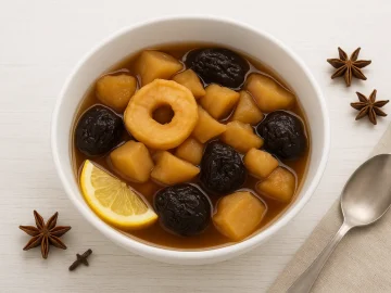 Weihnachtskompott aus getrockneten Äpfeln, Birnen und Pflaumen in einer Schüssel auf hellem Holzhintergrund.