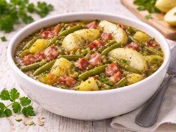 Schüssel Bohneneintopf mit Speck, Kartoffeln und Birnen auf hellem Holztisch