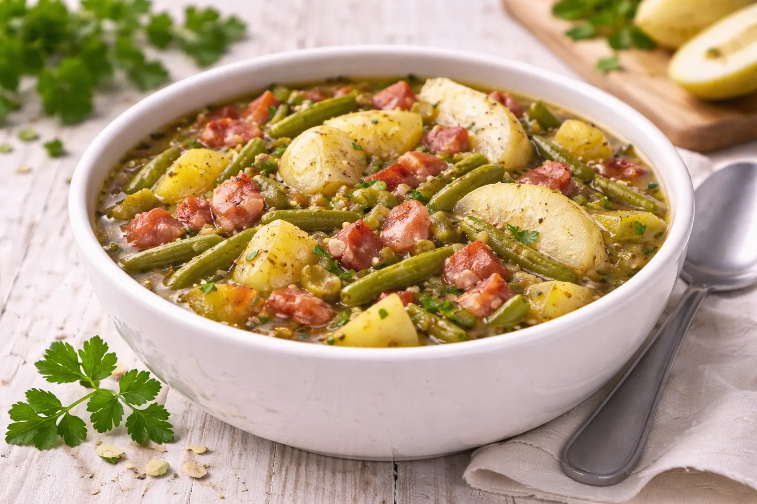 Schüssel Bohneneintopf mit Speck, Kartoffeln und Birnen auf hellem Holztisch