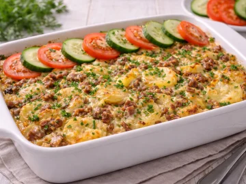 Kartoffelauflauf mit Hackfleisch und Petersilie in weißer Form, garniert mit Tomaten- und Gurkenscheiben