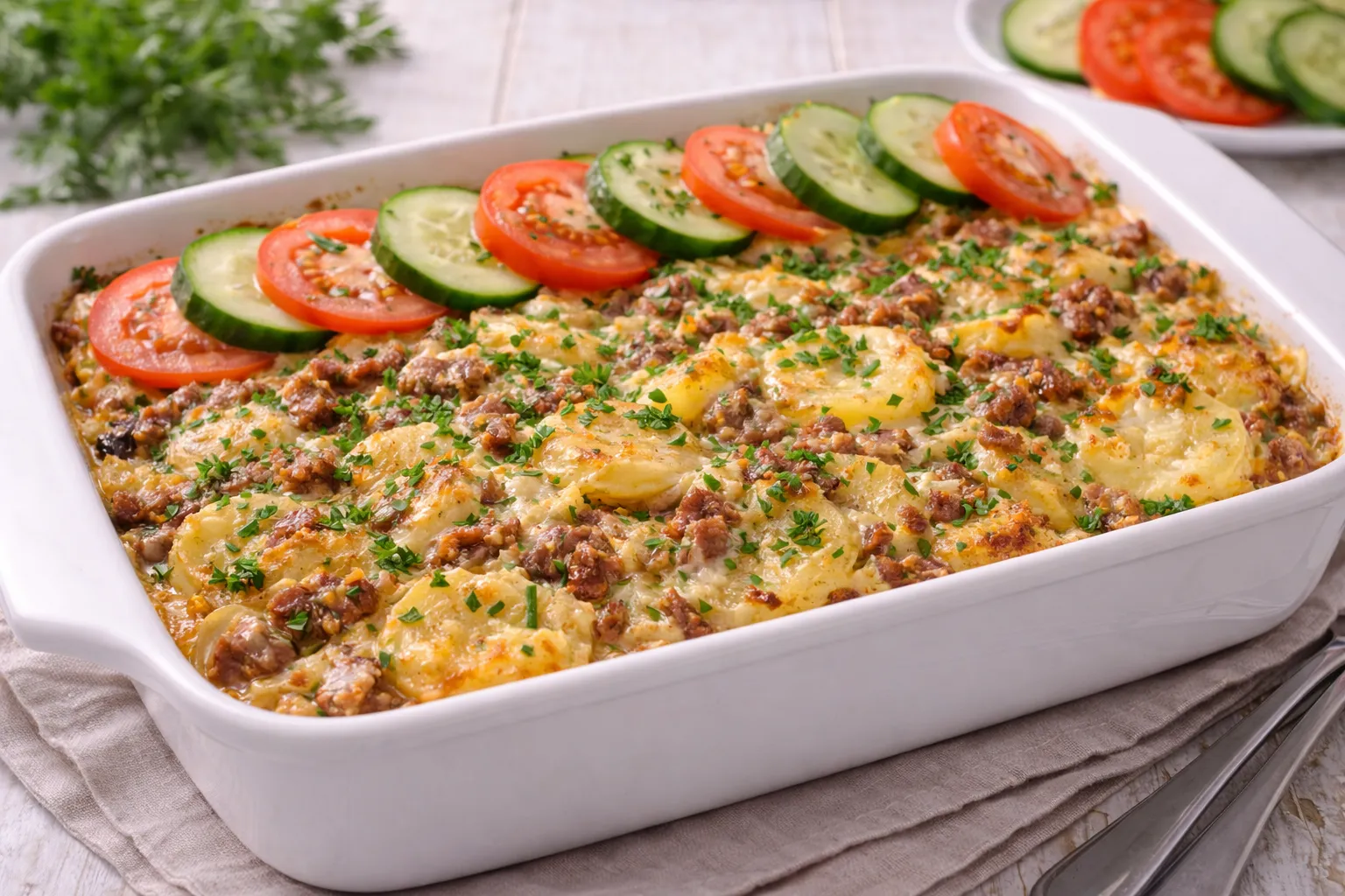 Kartoffelauflauf mit Hackfleisch und Petersilie in weißer Form, garniert mit Tomaten- und Gurkenscheiben