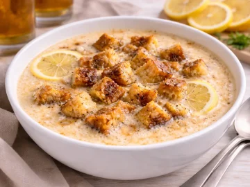 Berliner Warmbiersuppe aus hellem Bier mit Zitronenscheiben, Zimt und gerösteten Weißbrotwürfeln in weißer Suppenschale.