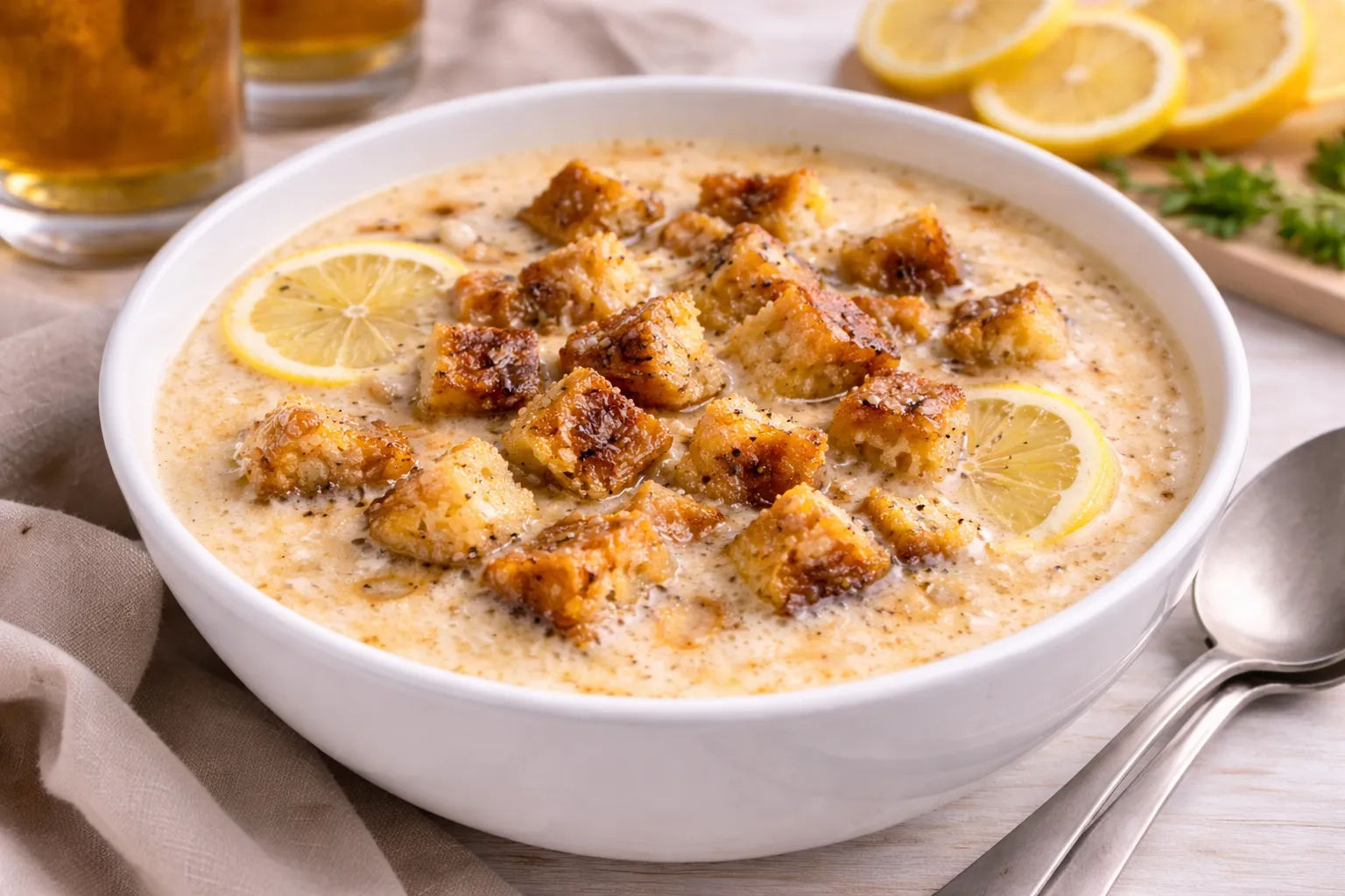 Berliner Warmbiersuppe aus hellem Bier mit Zitronenscheiben, Zimt und gerösteten Weißbrotwürfeln in weißer Suppenschale.