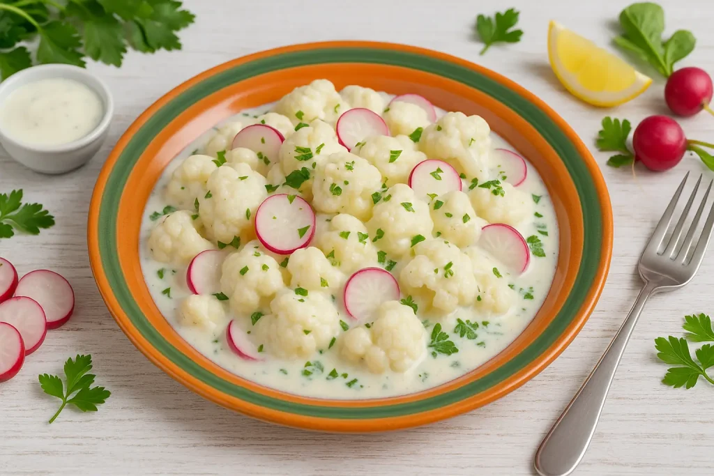  Blumenkohlsalat mit Radieschen und cremiger Soße, serviert auf buntem DDR-Teller mit viel frischer Deko.