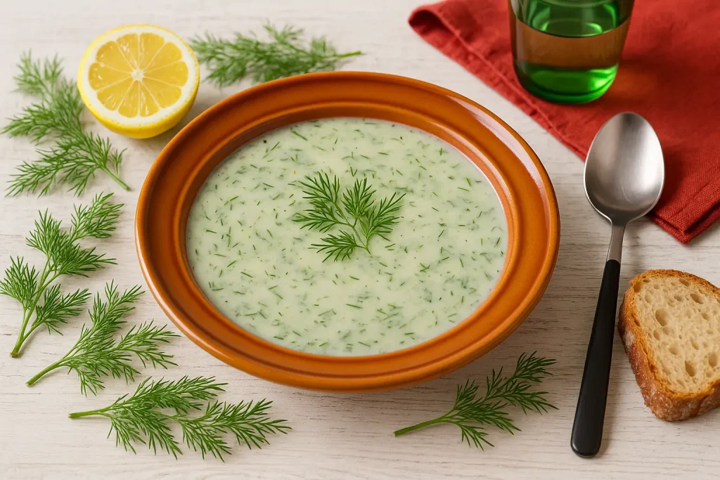  Cremige Dillsuppe serviert im orangefarbenen, rustikalen DDR-Teller auf weißem Holzhintergrund mit Dillzweigen, Brot und moderner Tischdeko.