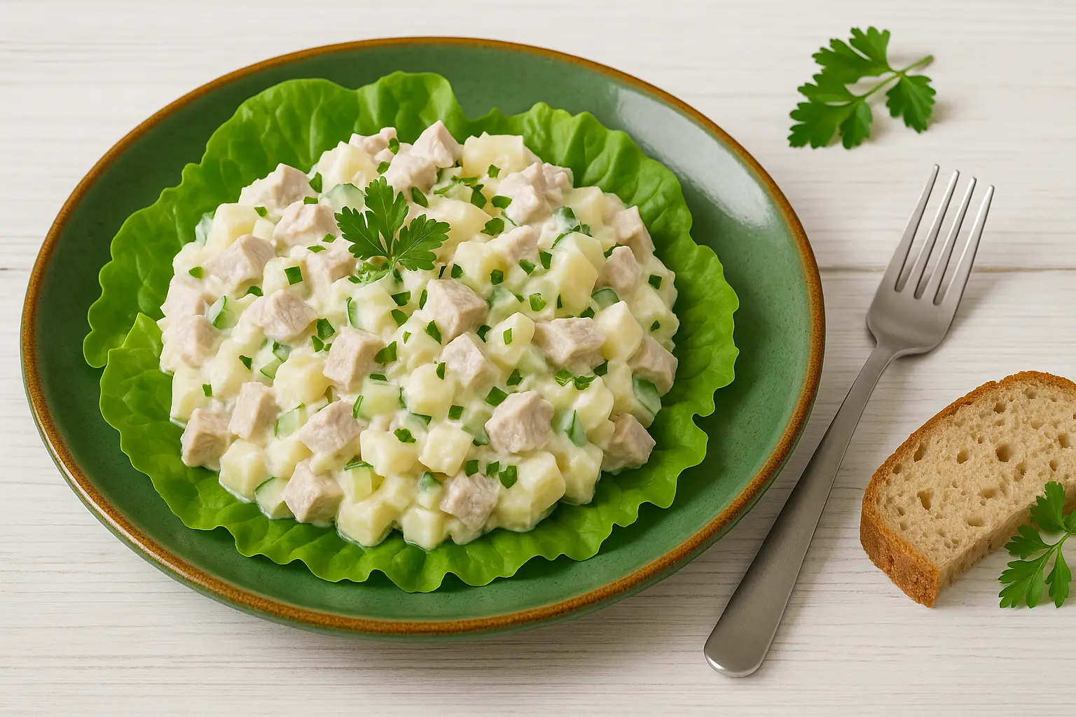  Entenfleischsalat mit Kartoffeln, Gurke und Mayonnaise auf grünem Teller, angerichtet auf Salatblättern und Brot auf weißem Holztisch.