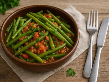 Grüne Bohnen mit Tomaten, Knoblauch und Petersilie in rustikaler Schüssel auf Holzhintergrund serviert