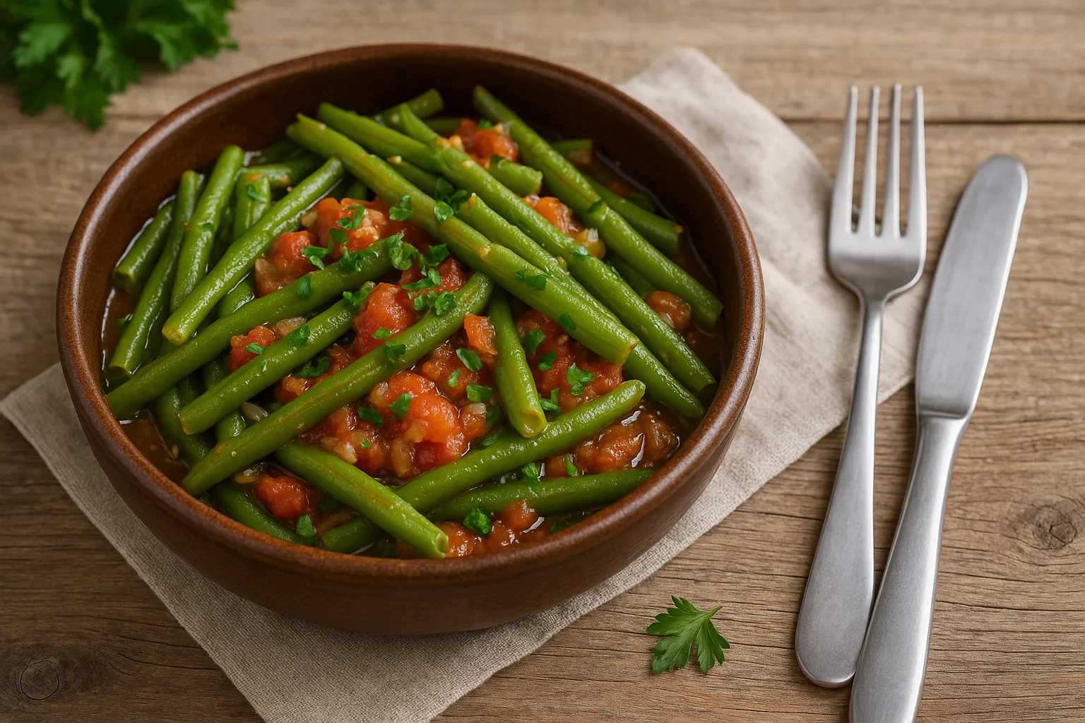 Grüne Bohnen mit Tomaten, Knoblauch und Petersilie in rustikaler Schüssel auf Holzhintergrund serviert