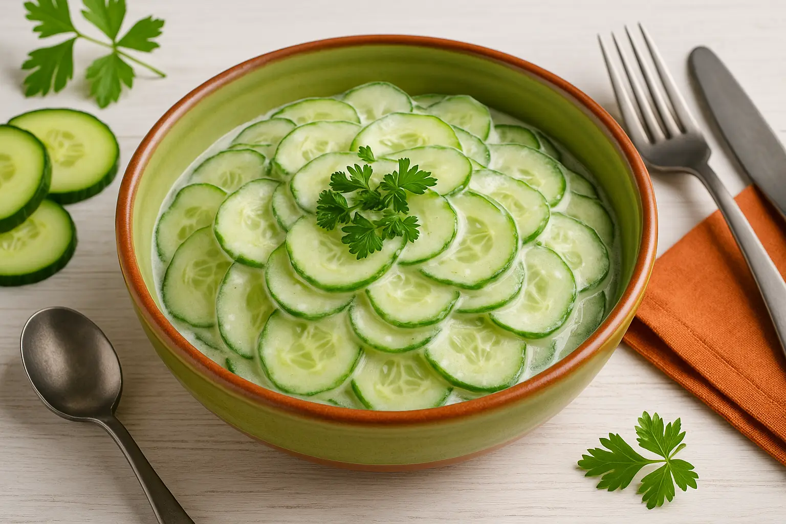  Frischer Gurkensalat mit saurer Sahne in bunter Schüssel auf weißem Holztisch, dekoriert mit Kräutern und modernem Besteck.
