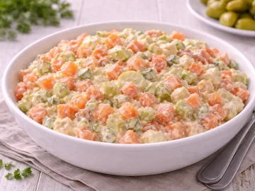 Milder Karottensalat mit Sellerie und sauren Gurken in Mayonnaise in weißer Schüssel angerichtet