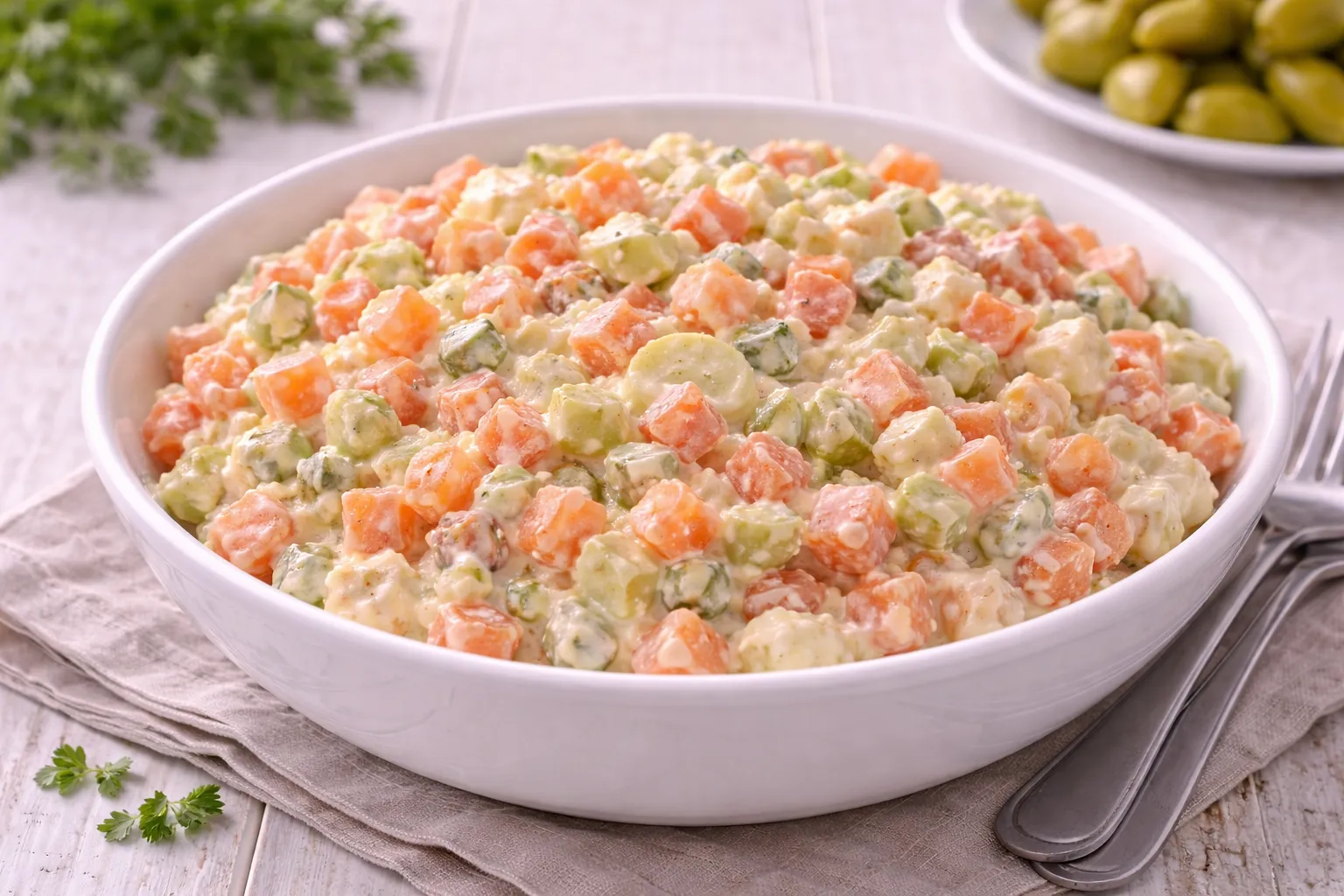 Milder Karottensalat mit Sellerie und sauren Gurken in Mayonnaise in weißer Schüssel angerichtet