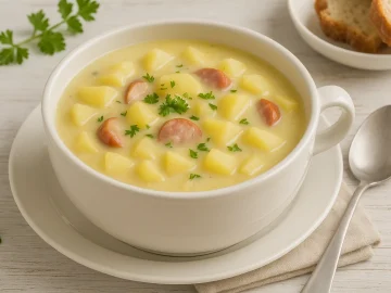 Kartoffelsuppe in einer weißen Suppenschüssel, serviert mit Petersilie, Würstchenscheiben und heller Tischdekoration