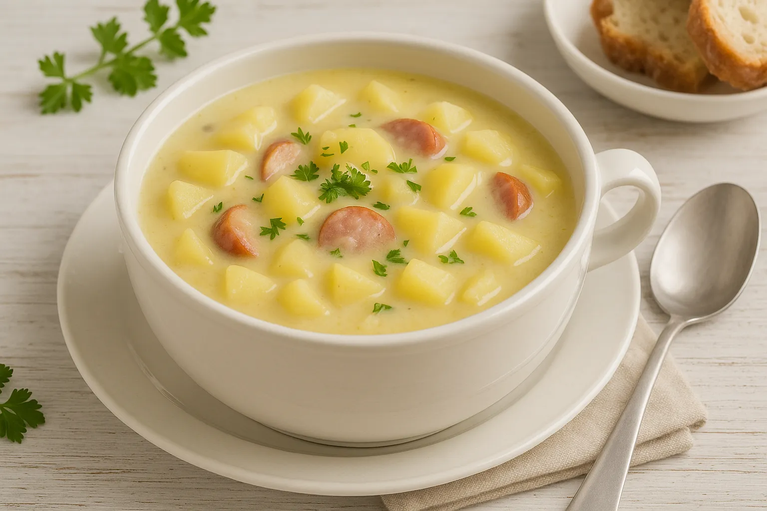 Kartoffelsuppe in einer weißen Suppenschüssel, serviert mit Petersilie, Würstchenscheiben und heller Tischdekoration