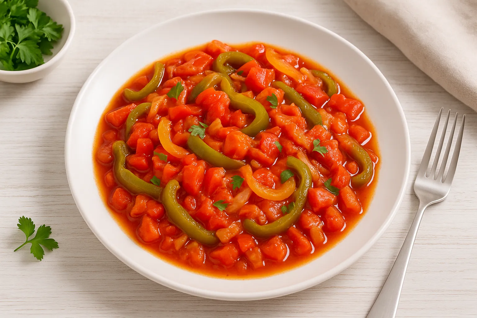  Letscho mit Paprika, Tomaten und Zwiebeln im weißen Teller auf weißem Holztisch mit moderner Dekoration.